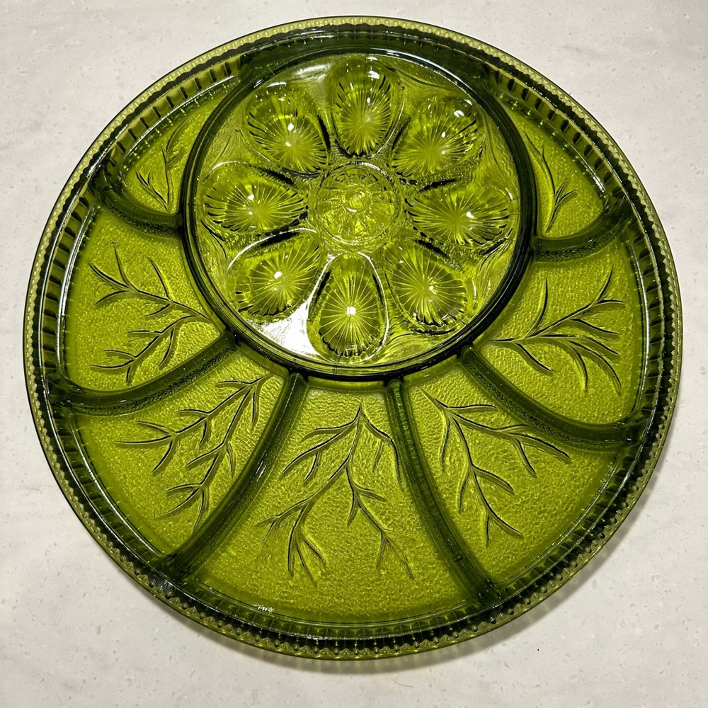 Vintage Indiana Green Glass Deviled Egg Relish Tray Divided 13" Serving Platter